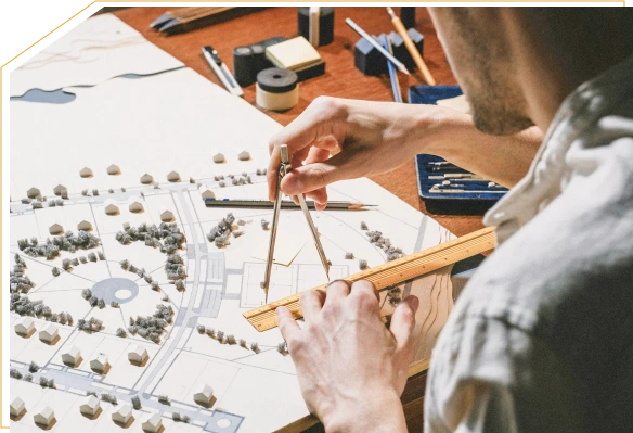 Architect working on design blueprint